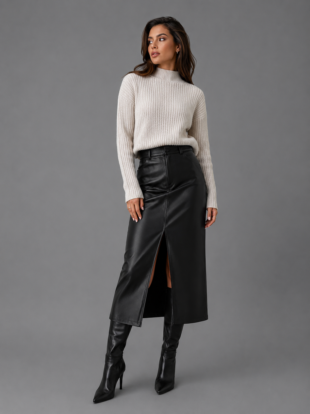 Womens faux leather front split midi skirt, view 2