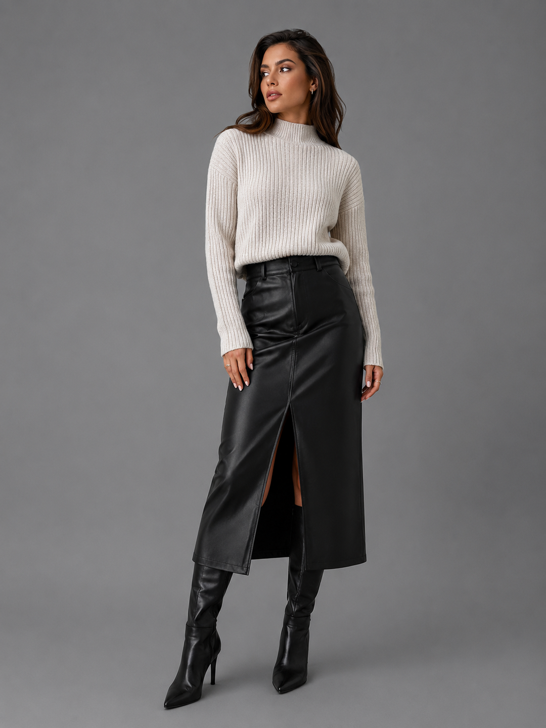Womens faux leather front split midi skirt, view 2