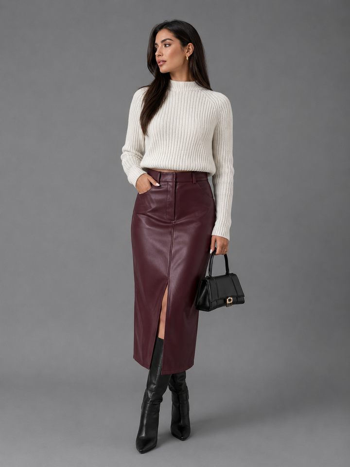 Womens faux leather front split midi skirt, view 3