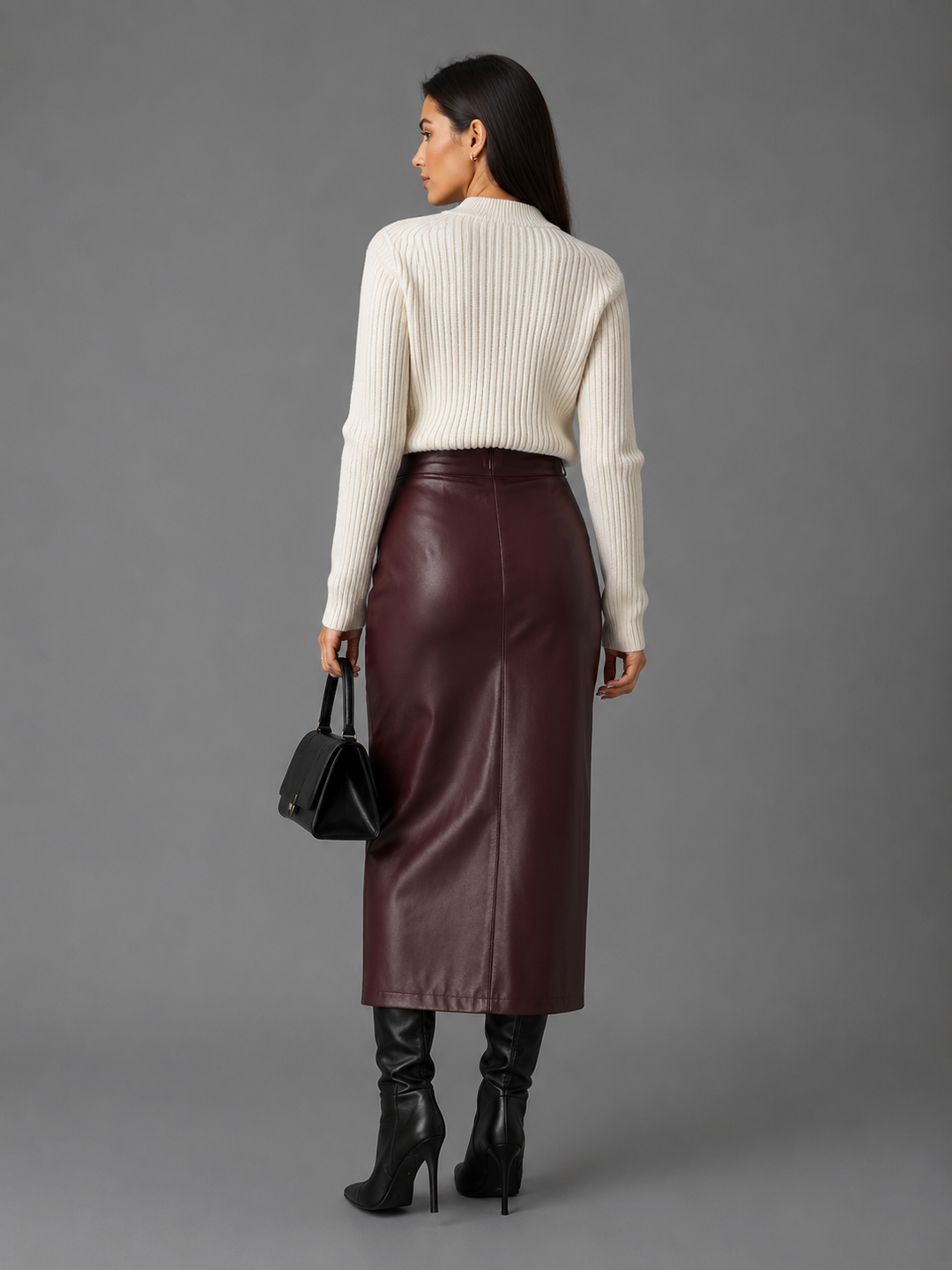 Womens faux leather front split midi skirt, view 4