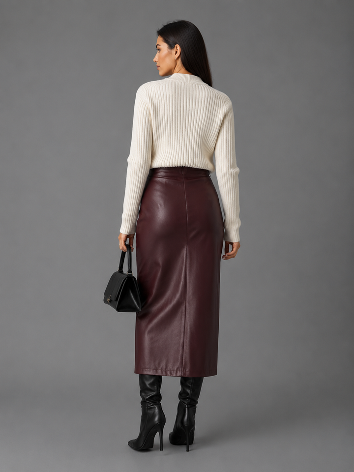 Womens faux leather front split midi skirt, view 4