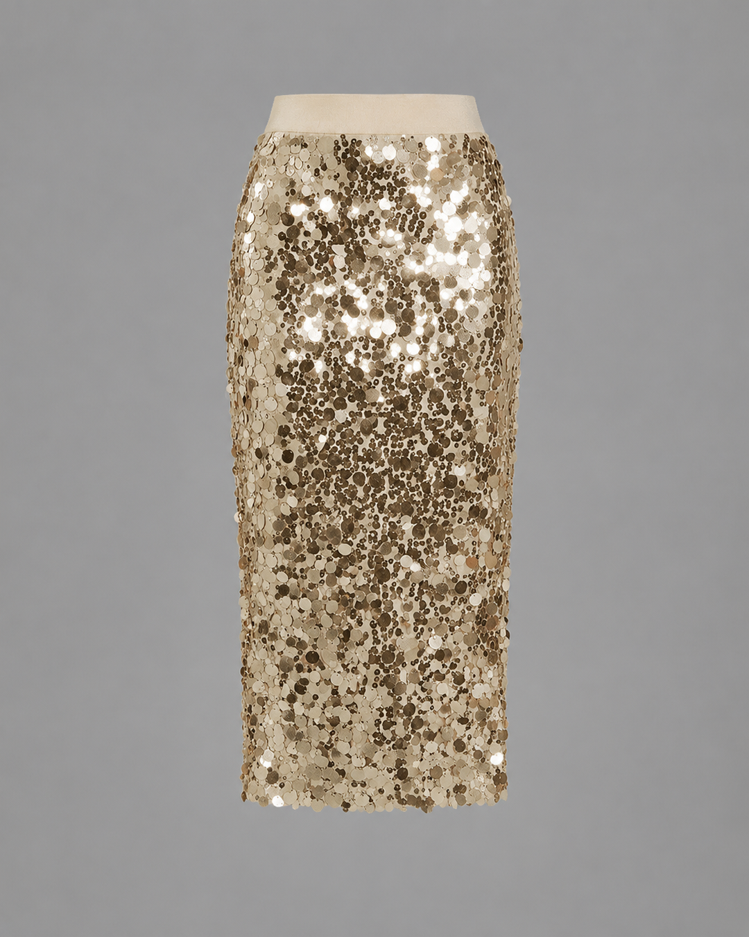 Womens gold sequin midi skirt, view 1