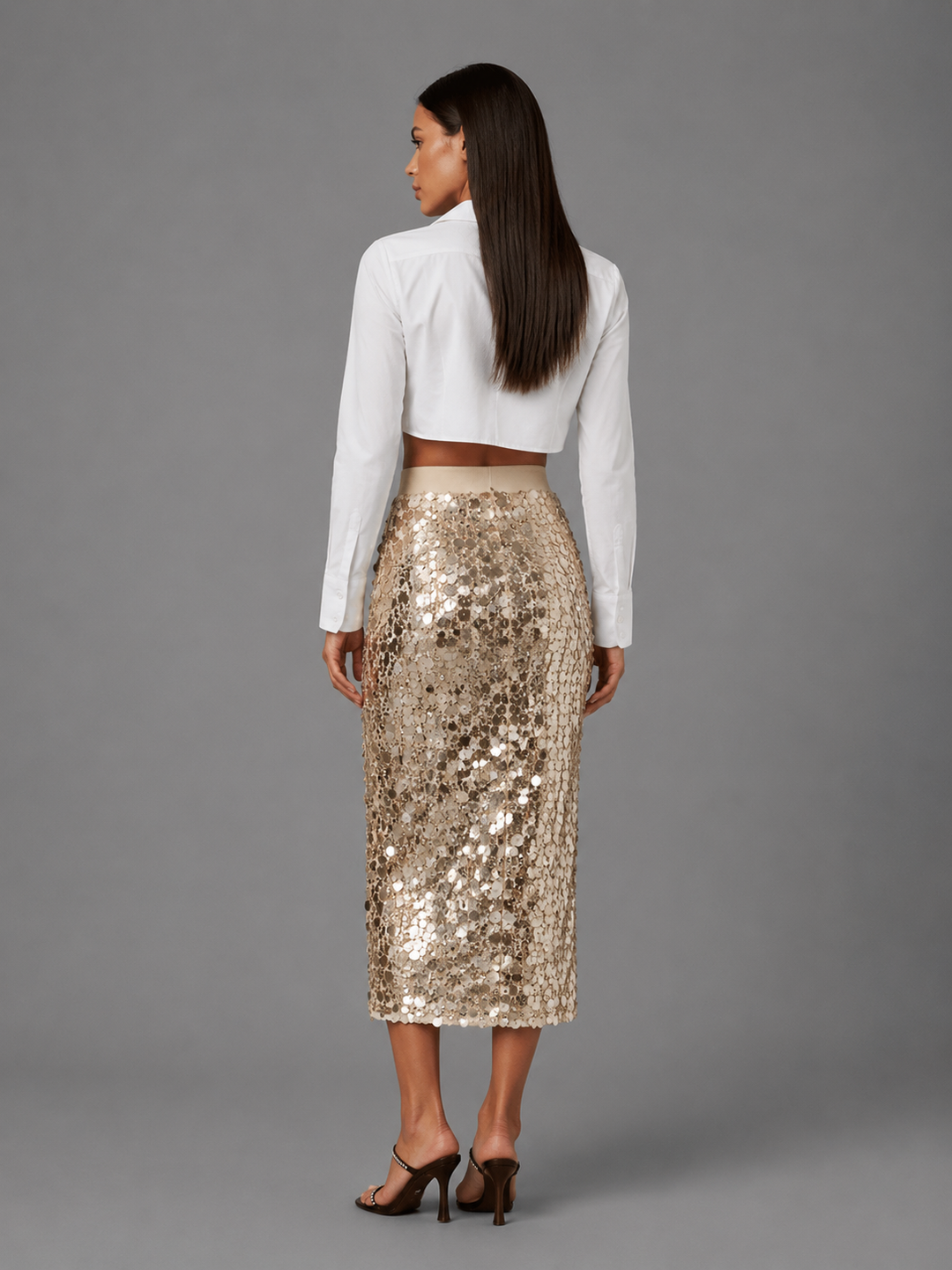 Womens gold sequin midi skirt, view 3