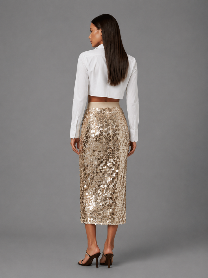 Womens gold sequin midi skirt, view 3