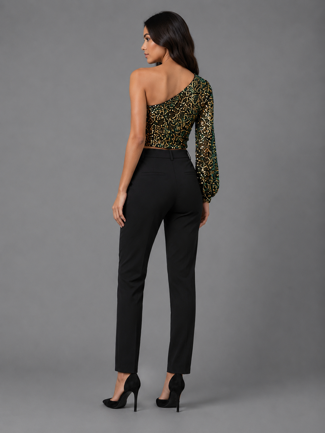 Womens one-shoulder sequin crop top, view 3