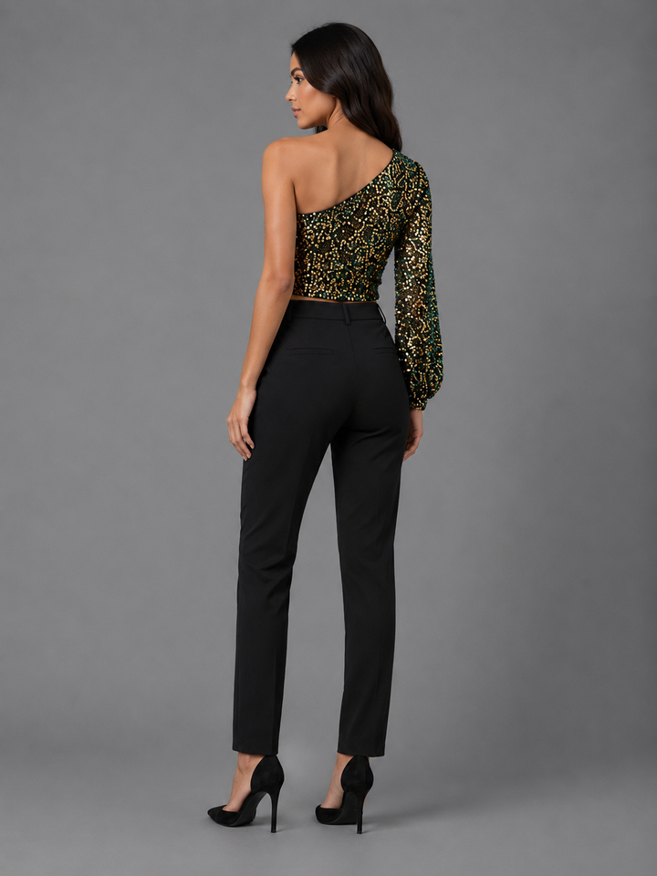 Womens one-shoulder sequin crop top, view 3