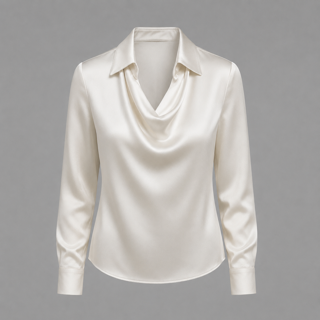 Womens satin cowl neck long sleeve blouse, view 1