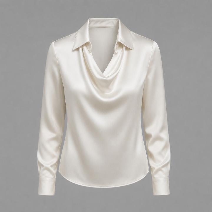 Womens satin cowl neck long sleeve blouse, view 1