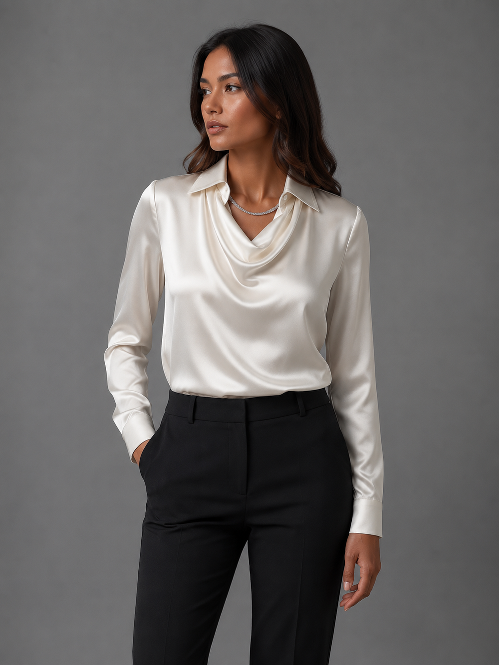 Womens satin cowl neck long sleeve blouse, view 2