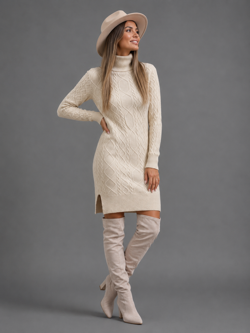 Womens cable knit turtleneck jumper dress, view 2