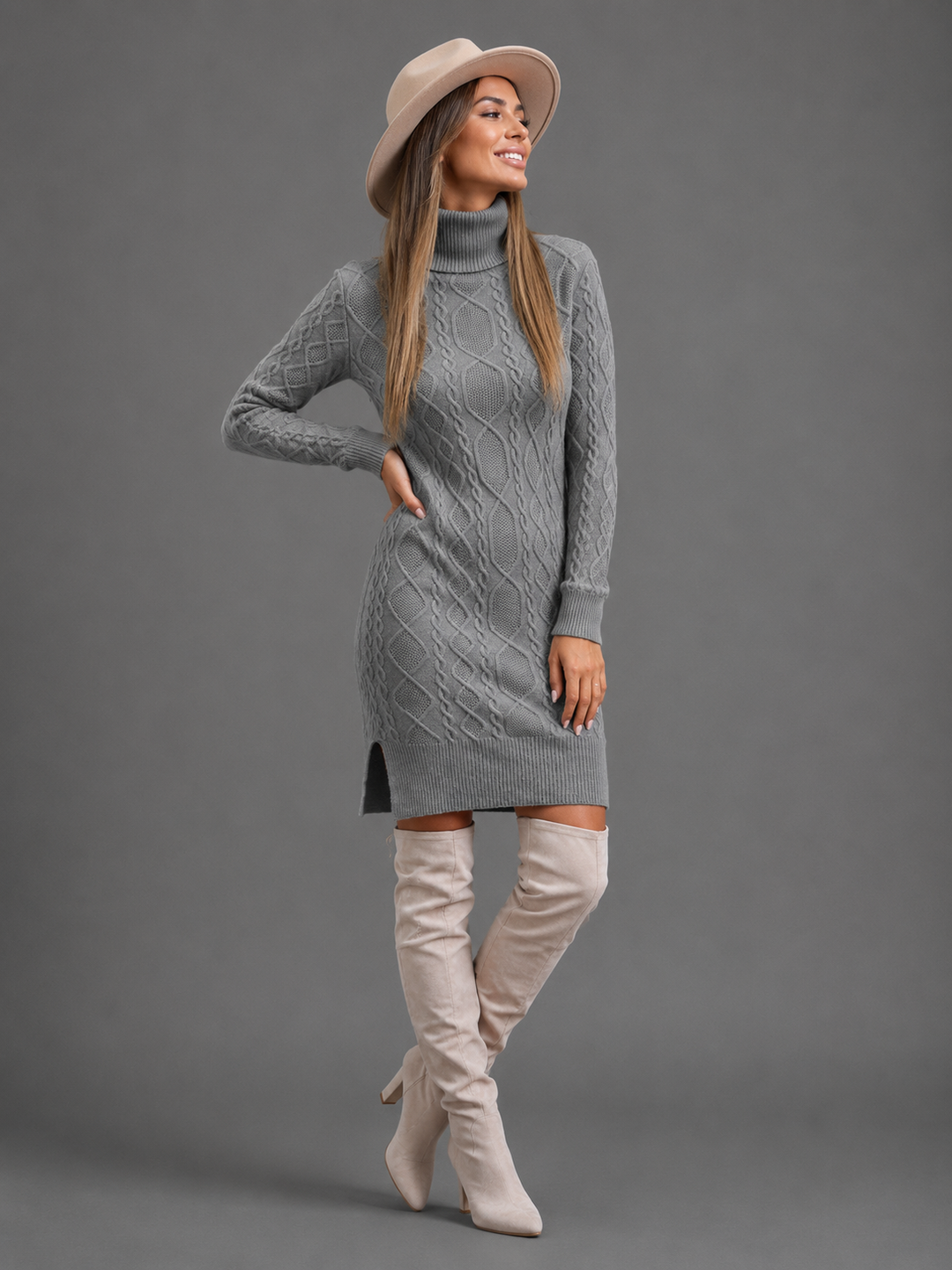 Womens cable knit turtleneck jumper dress, view 3