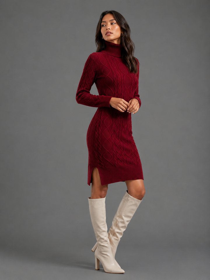 Womens cable knit turtleneck jumper dress, view 4