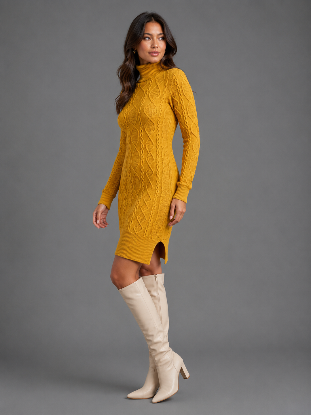 Womens cable knit turtleneck jumper dress, view 5