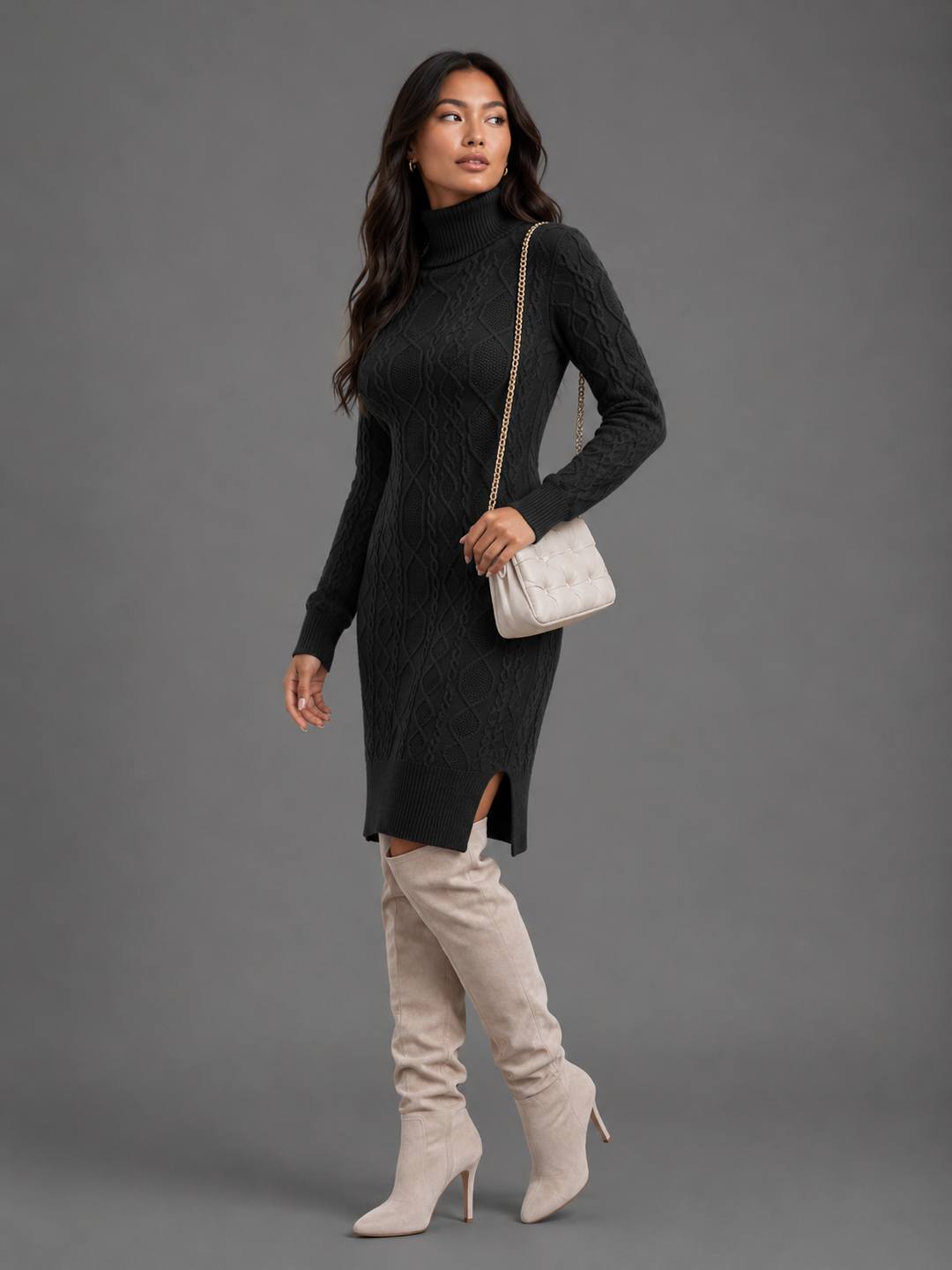 Womens cable knit turtleneck jumper dress, view 6