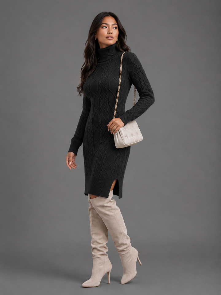 Womens cable knit turtleneck jumper dress, view 6
