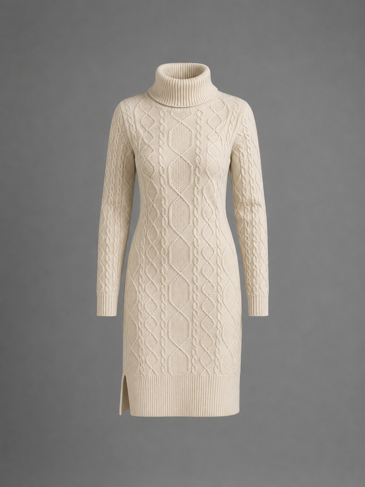 Womens cable knit turtleneck jumper dress, view 1