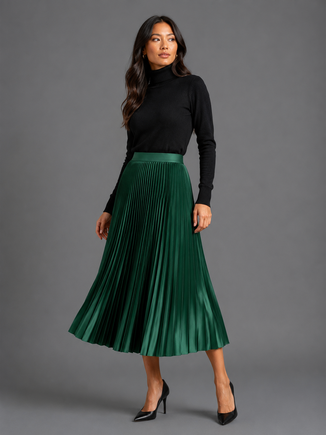 Womens pleated satin midi skirt, view 3