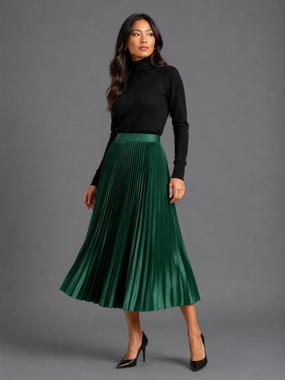 Womens pleated satin midi skirt, view 3