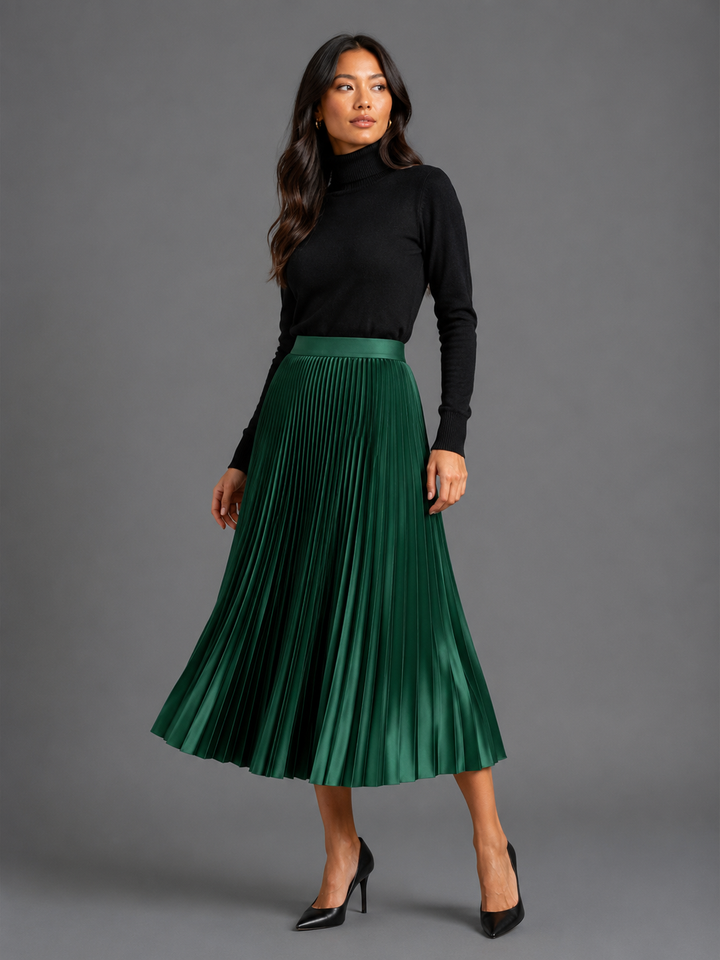 Womens pleated satin midi skirt, view 3