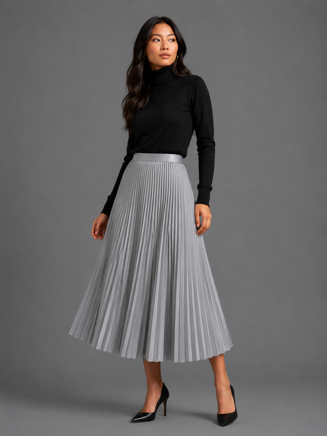 Womens pleated satin midi skirt, view 4
