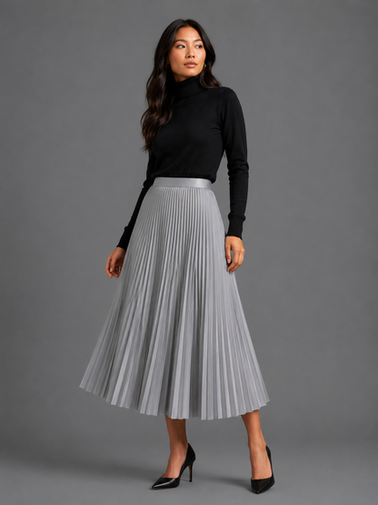 Womens pleated satin midi skirt, view 4