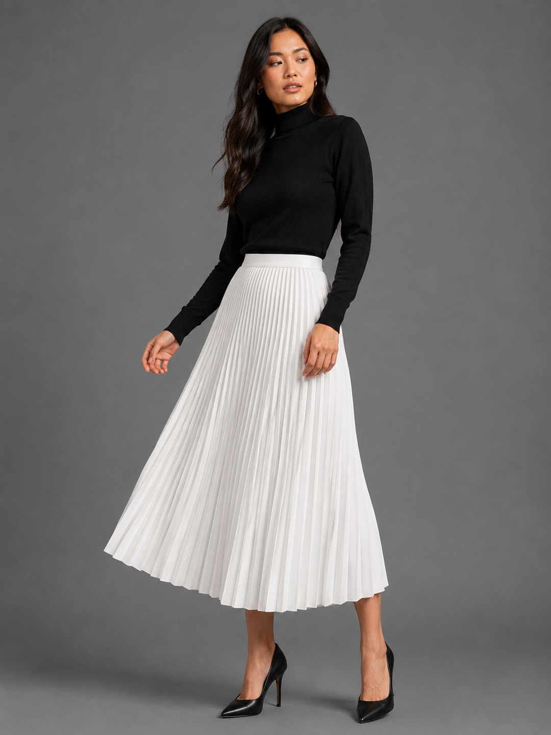 Womens pleated satin midi skirt, view 5
