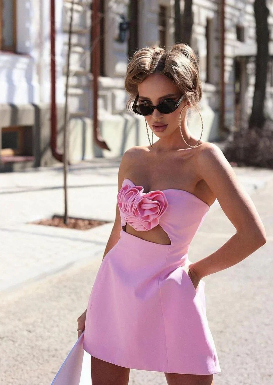 Olivia womens strapless 3D floral mini dress