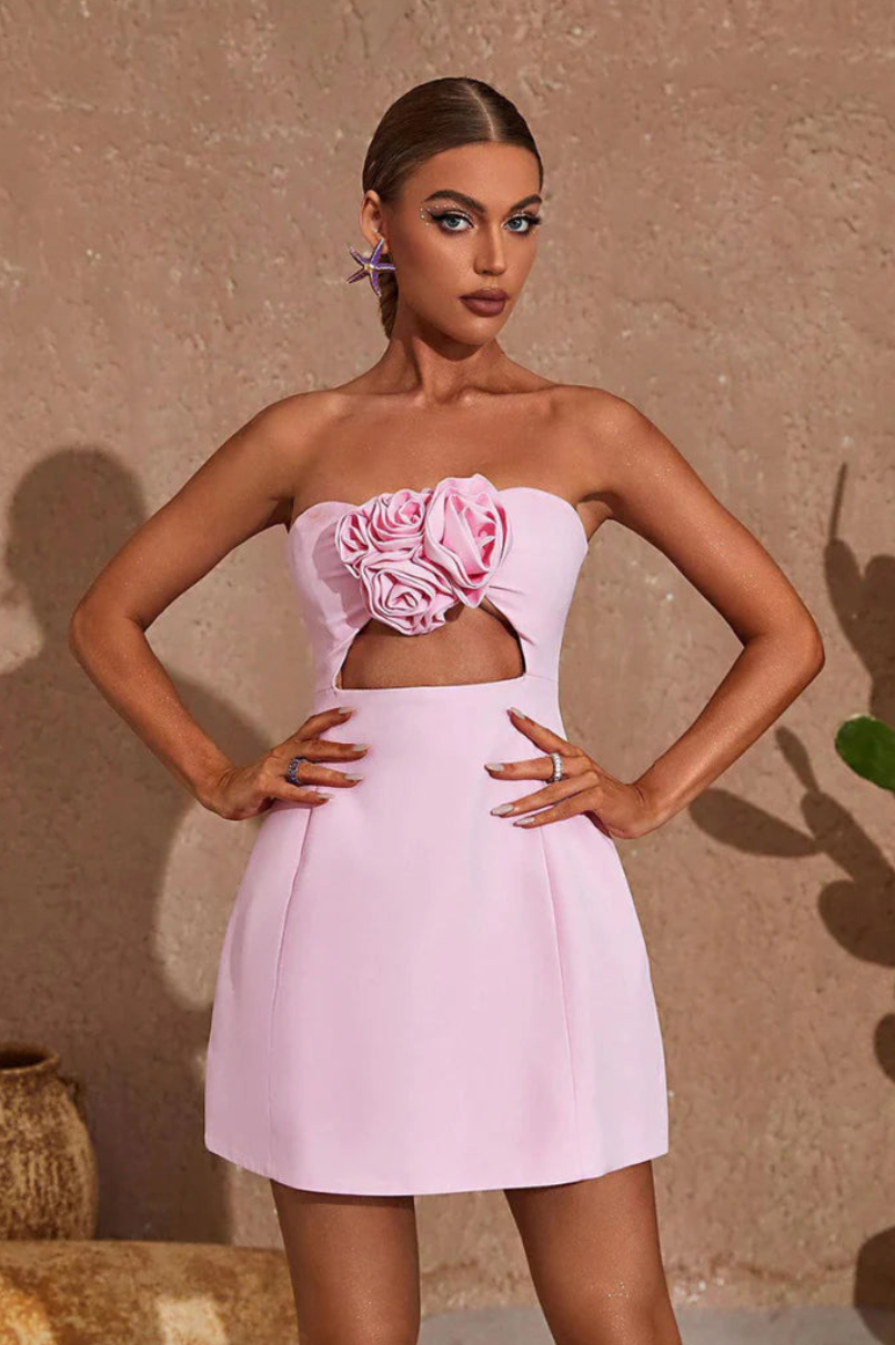 Olivia | Strapless 3D Floral Mini Party Dress