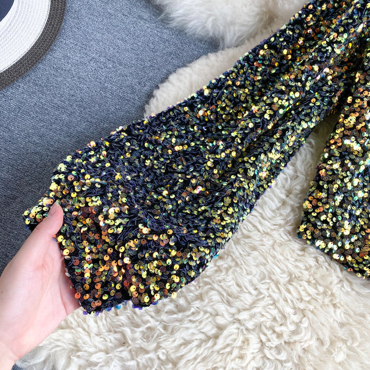 Womens one-shoulder sequin crop top, view 5
