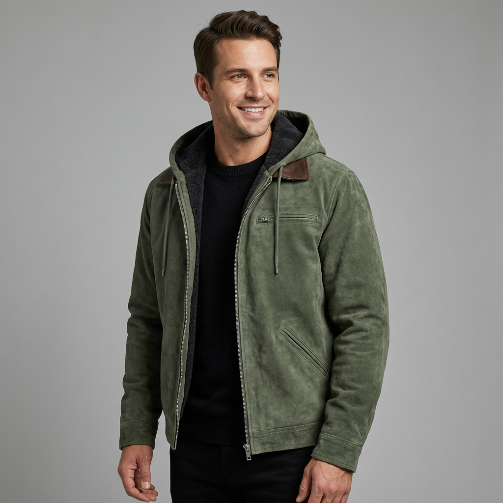 Bertie | Mens Brown Suede Hooded Zip Jacket