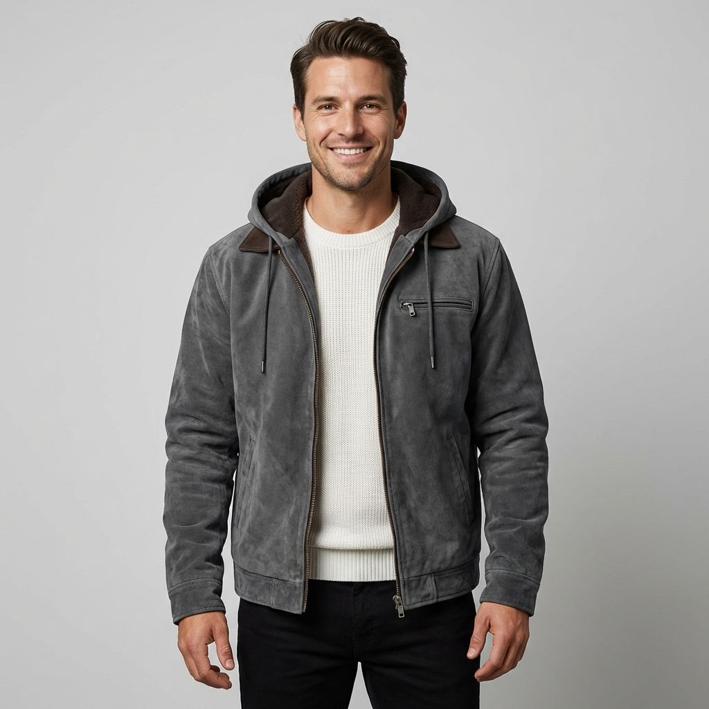 Bertie | Mens Brown Suede Hooded Zip Jacket