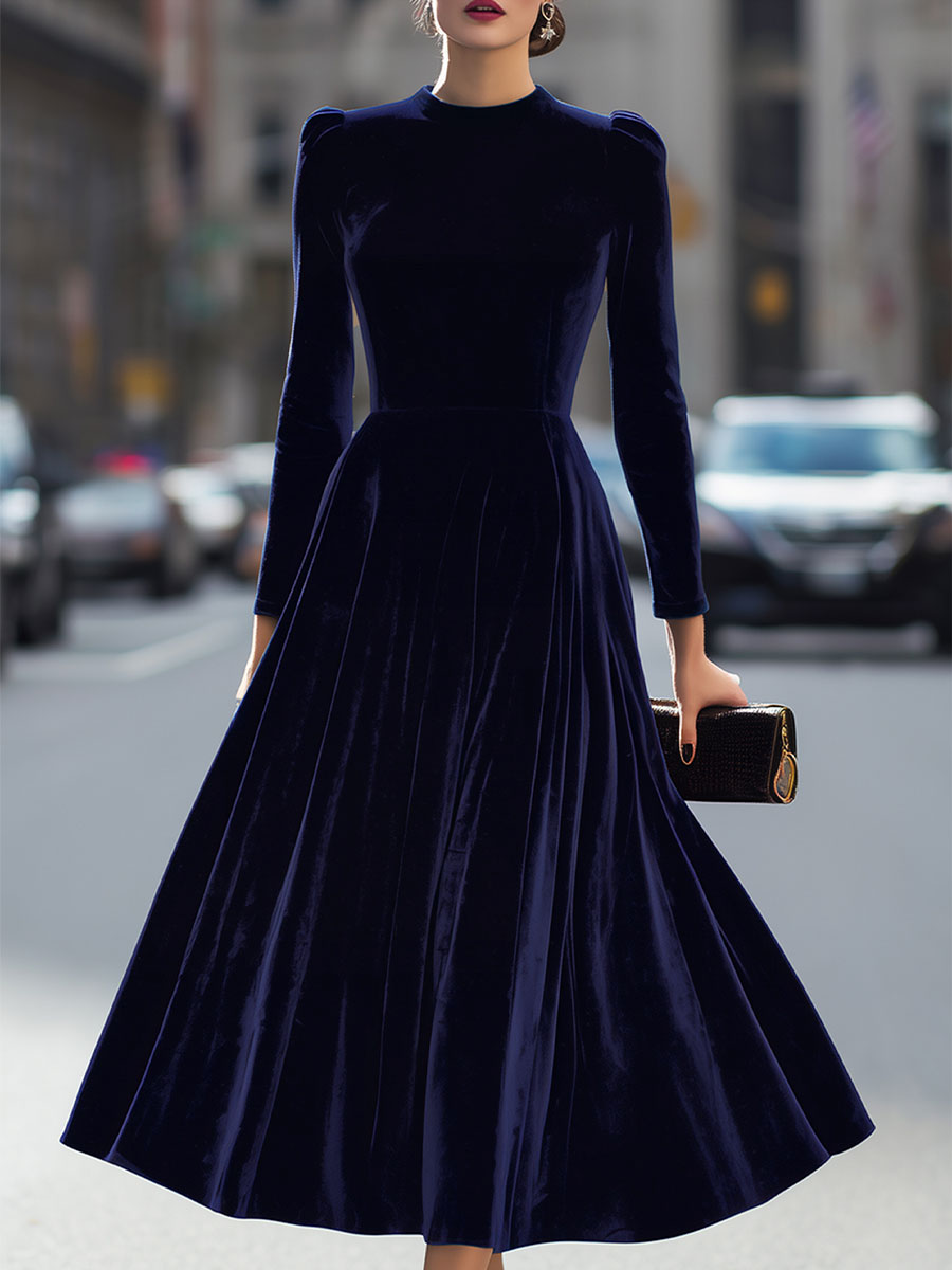 Womens velvet long sleeve midi prom dress, view 1