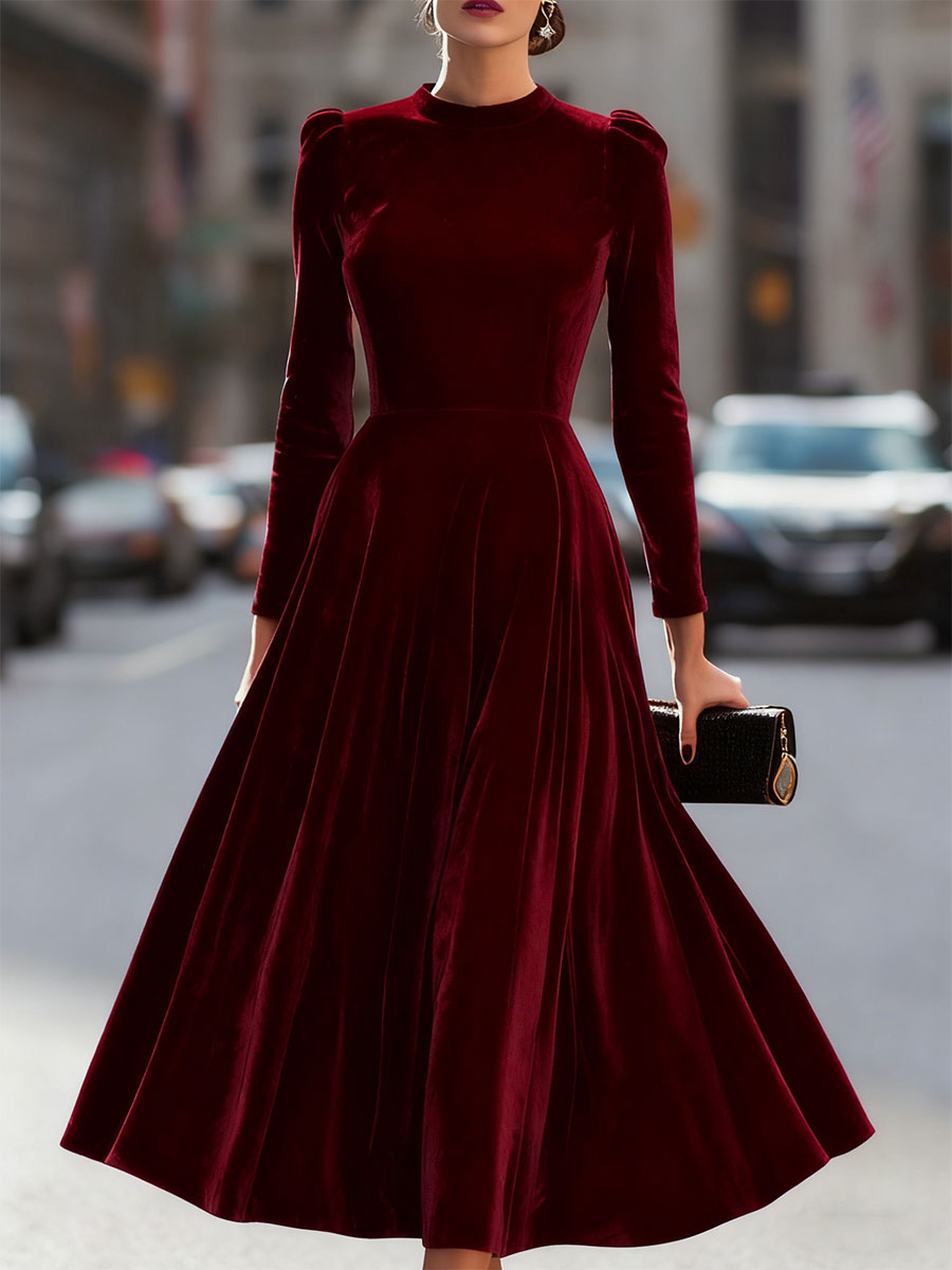 Womens velvet long sleeve midi prom dress, view 2