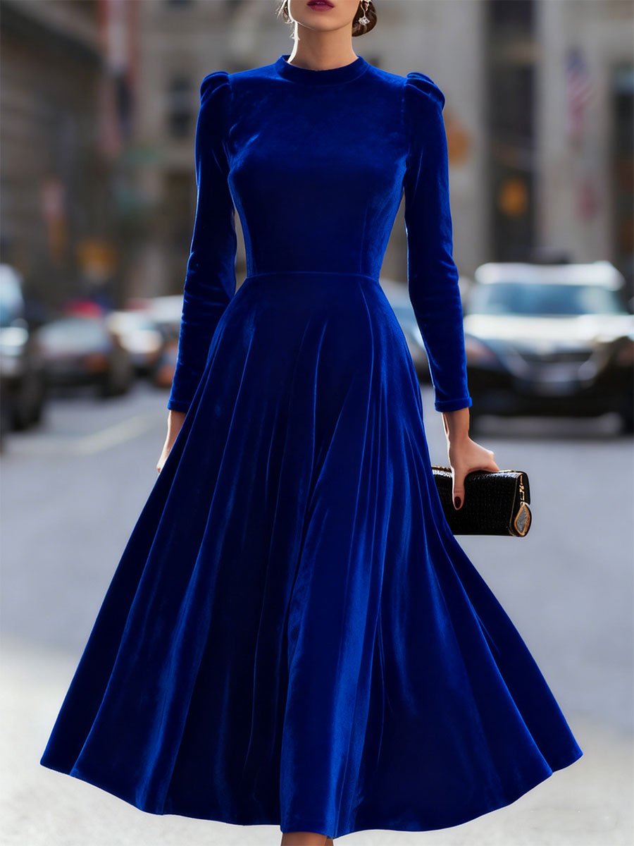 Womens velvet long sleeve midi prom dress, view 4