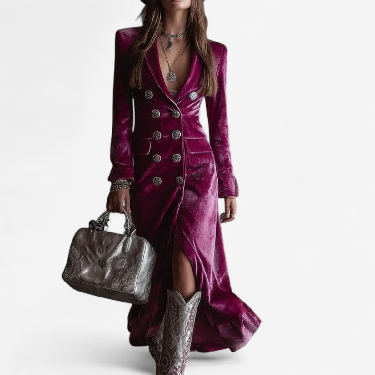Womens velvet blazer maxi dress double-breasted, view 1