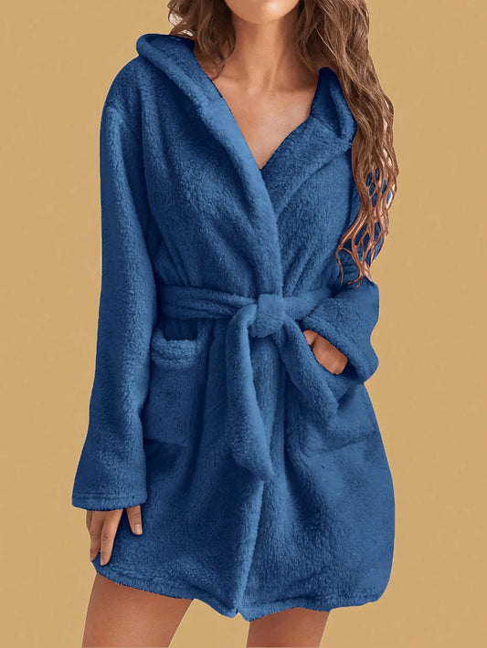 Womens fluffy hooded dressing gown, view 1