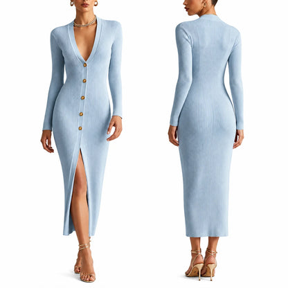 Womens ribbed knit long sleeve maxi dress, view 3