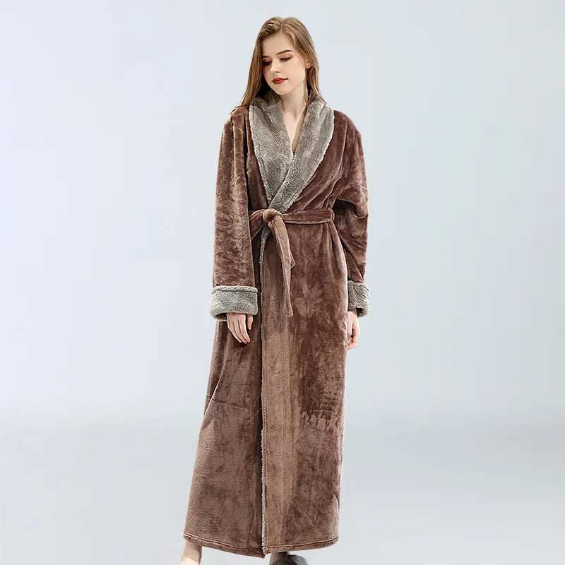 Womens fluffy fleece maxi dressing gown, view 3
