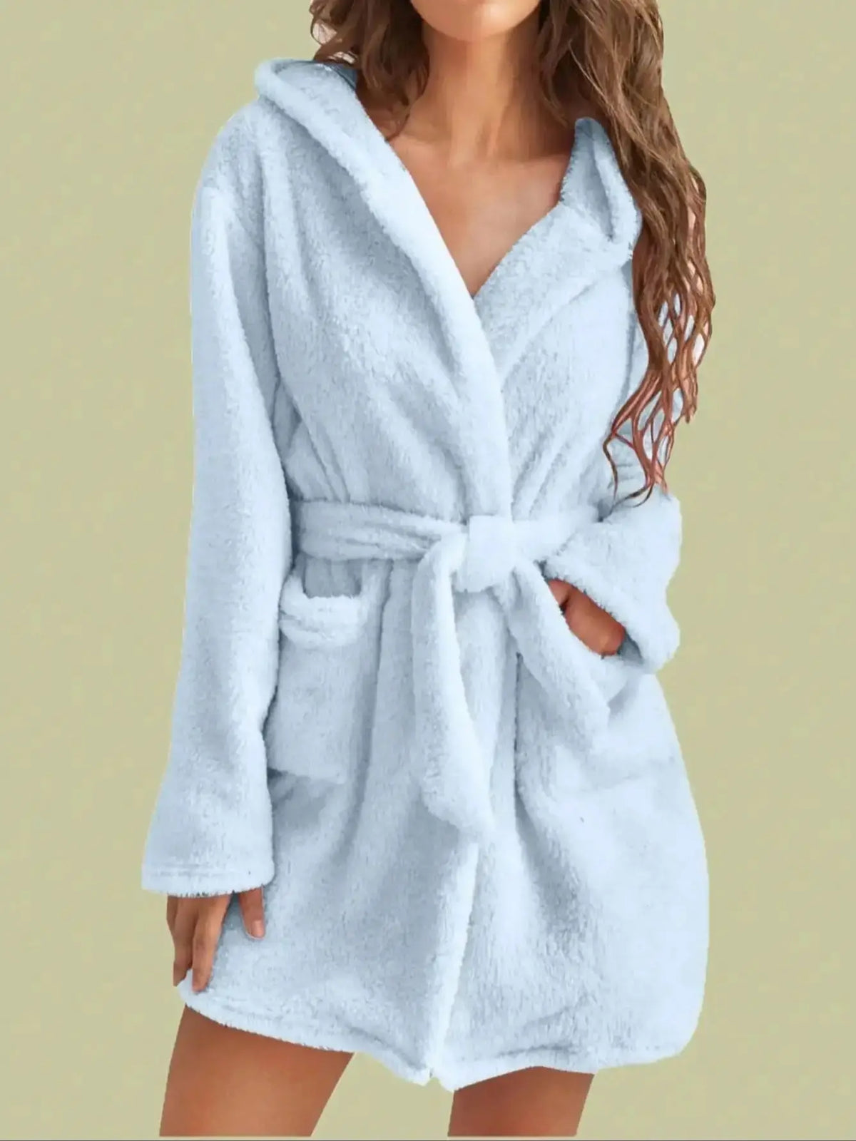 Womens fluffy hooded dressing gown, view 4