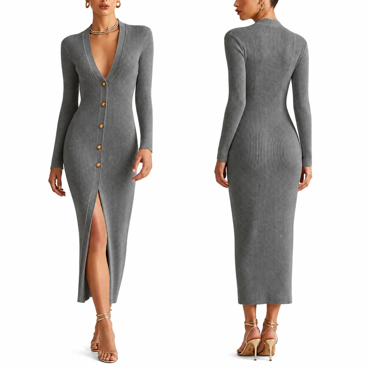 Womens ribbed knit long sleeve maxi dress, view 2