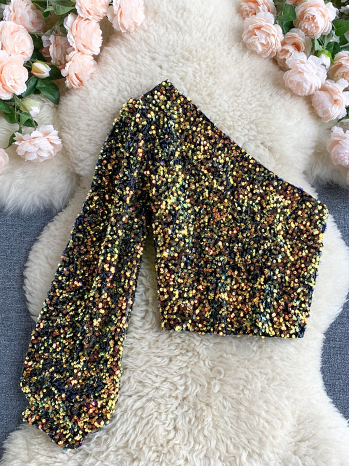 Womens one-shoulder sequin crop top, view 4