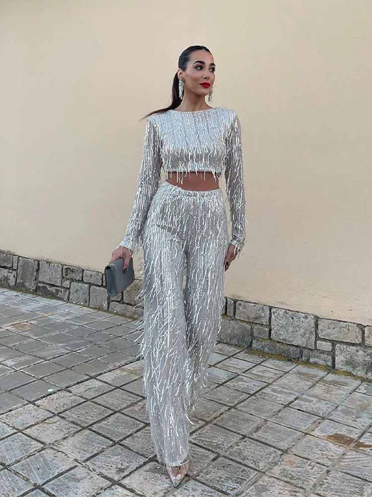 Womens sequin fringe wide-leg trousers co-ord set, view 2