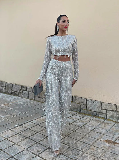 Womens sequin fringe wide-leg trousers co-ord set, view 2