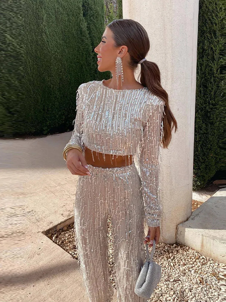 Womens sequin fringe wide-leg trousers co-ord set, view 4