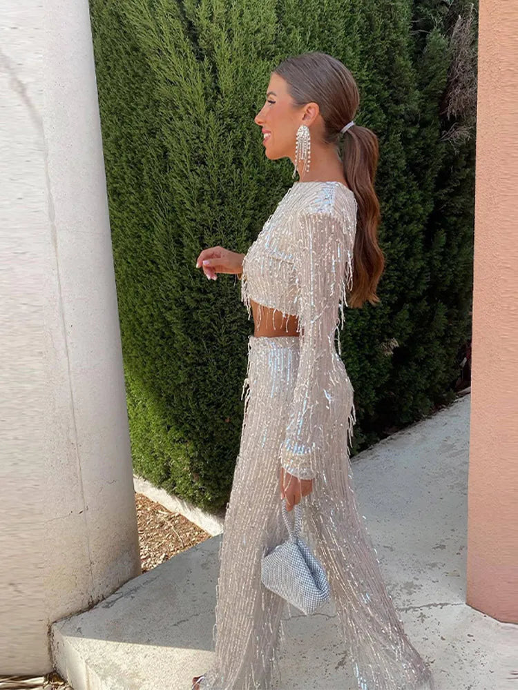Womens sequin fringe wide-leg trousers co-ord set, view 3