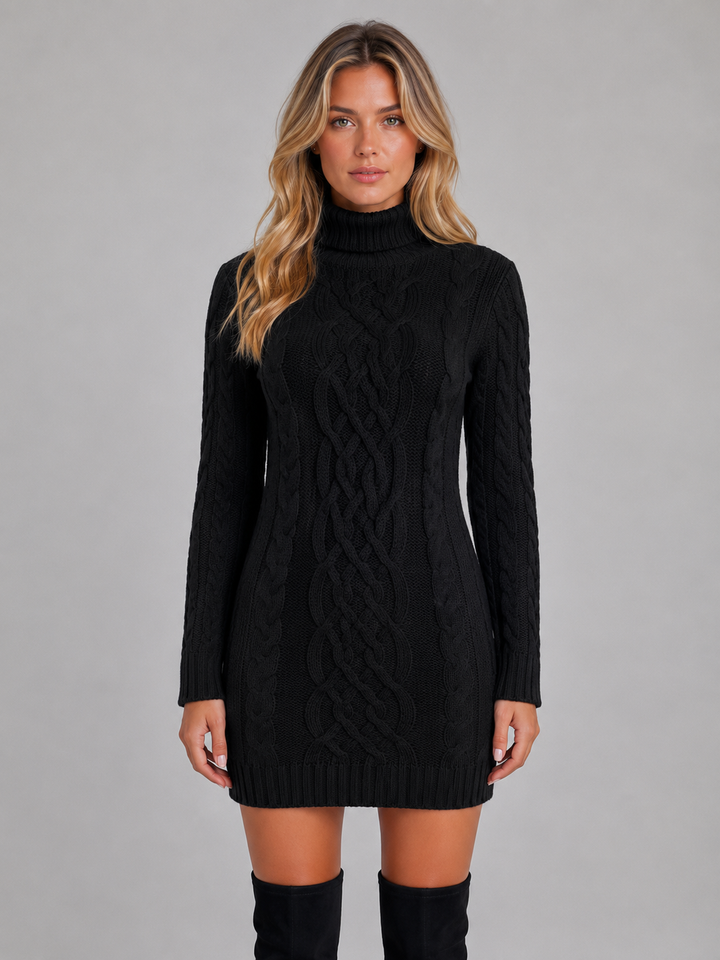 Womens cable knit turtleneck mini dress, view 2