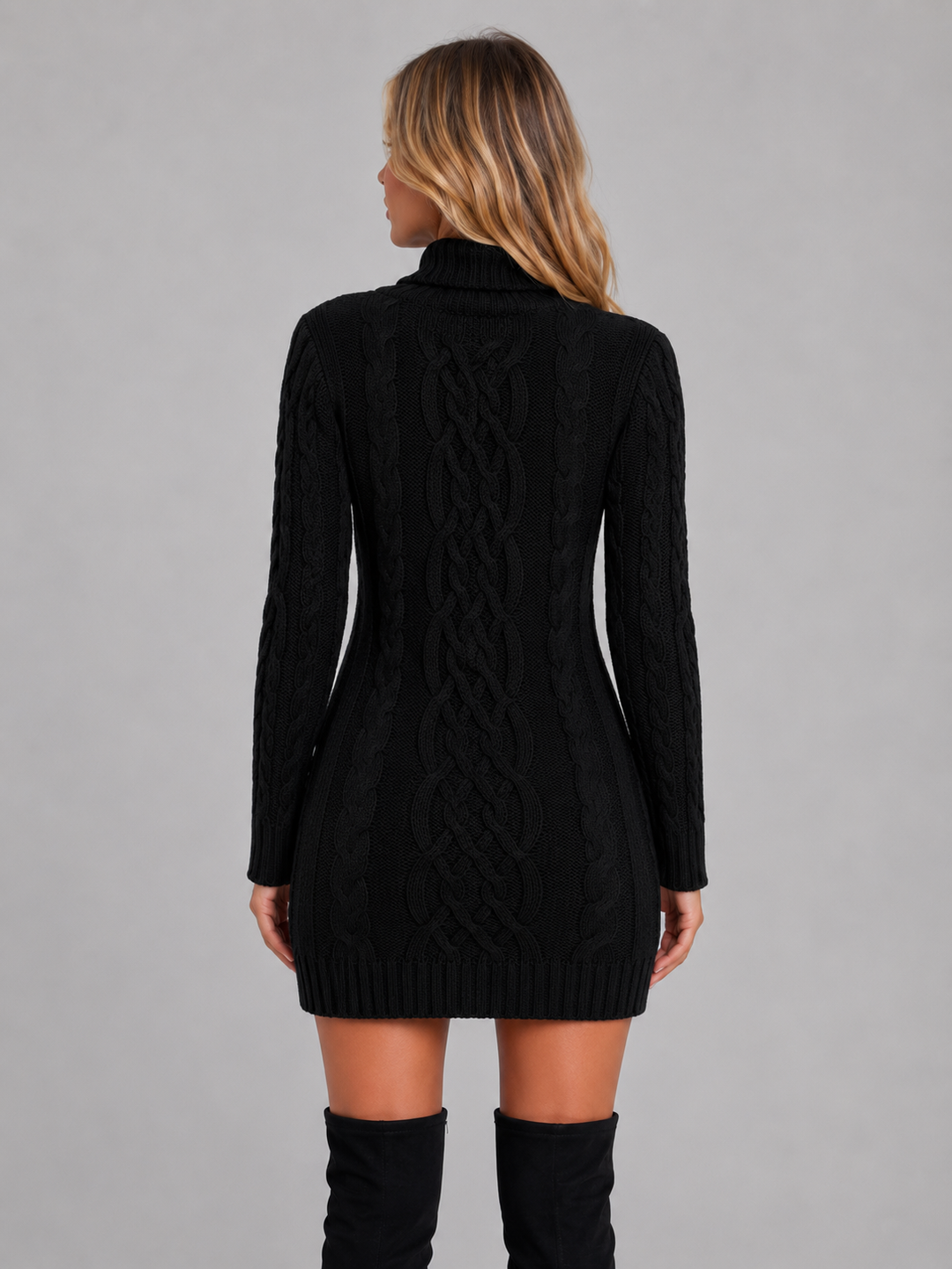 Womens cable knit turtleneck mini dress, view 3