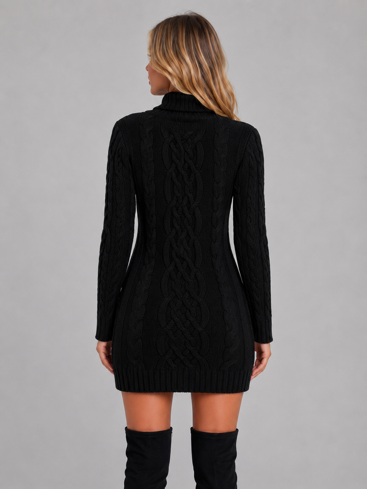 Womens cable knit turtleneck mini dress, view 3