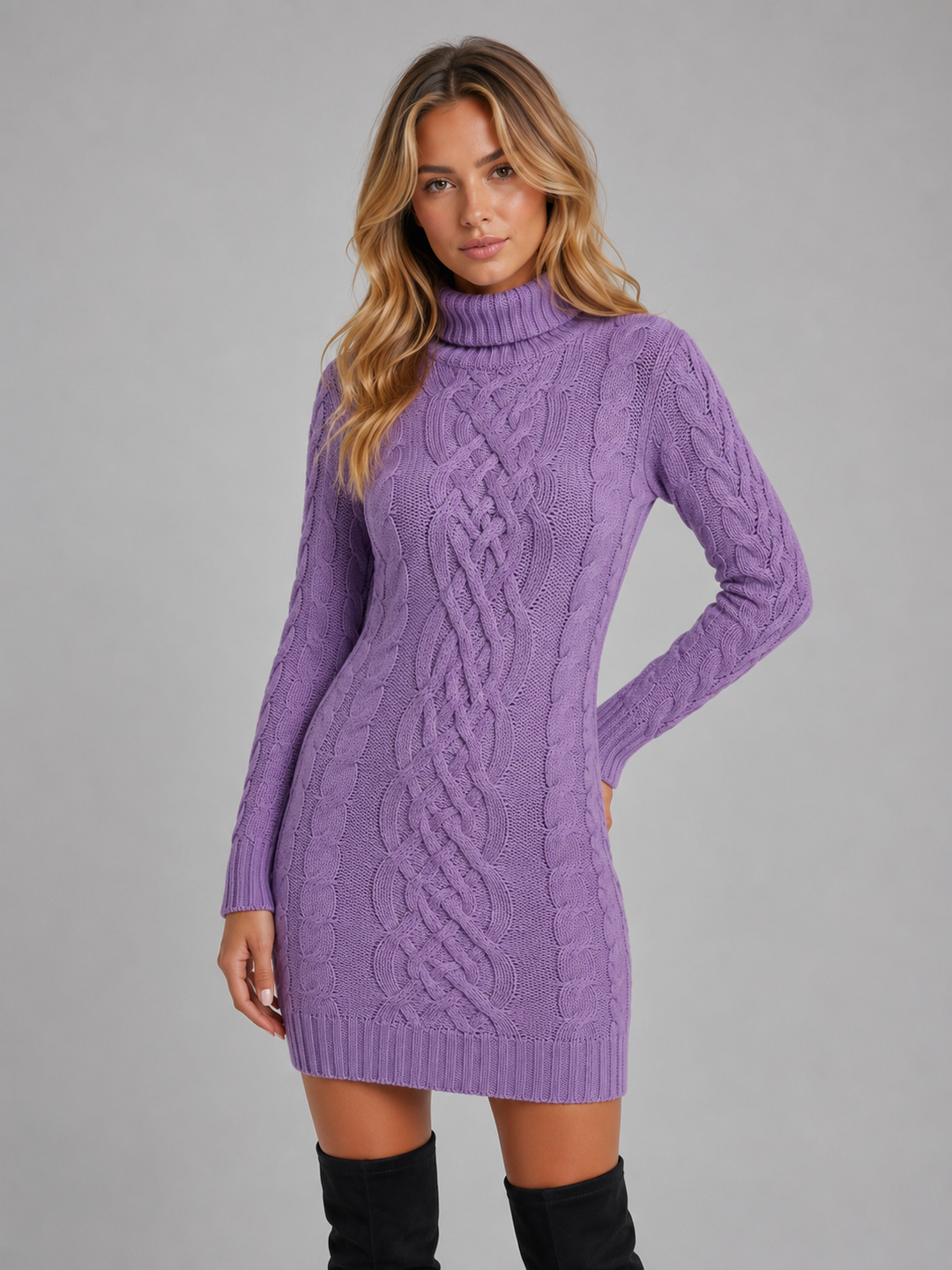Womens cable knit turtleneck mini dress, view 8
