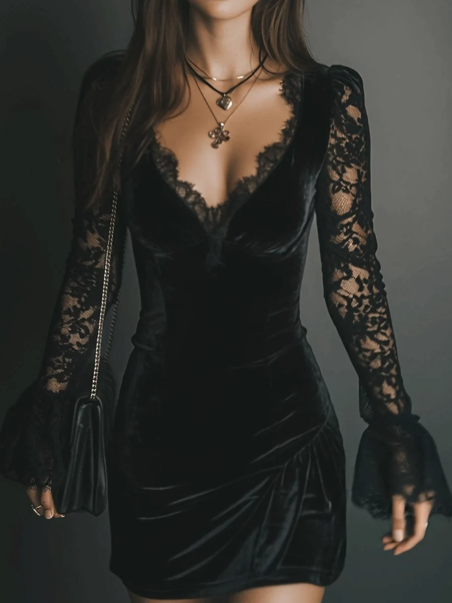 Poppy | Black Velvet Mini Dress Long Sleeve